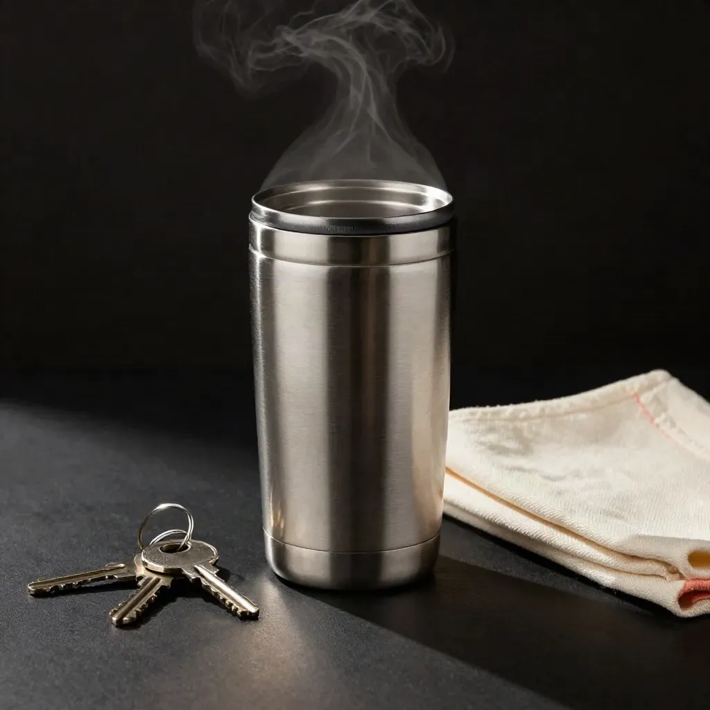 Tazza termica in acciaio con vapore, chiavi e panno piegato su fondo scuro.