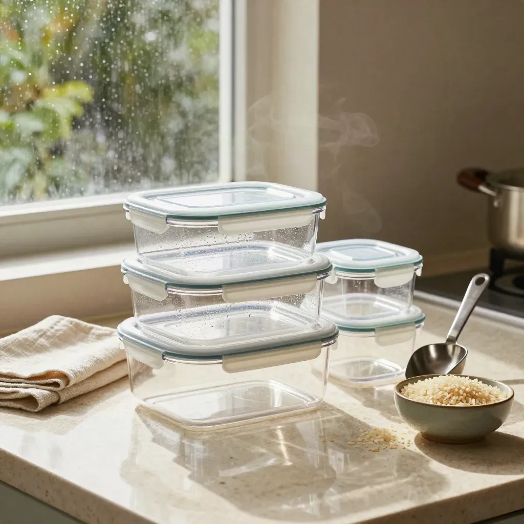 Set di contenitori cucina ermetici in plastica trasparente su piano chiaro, luce mattutina.