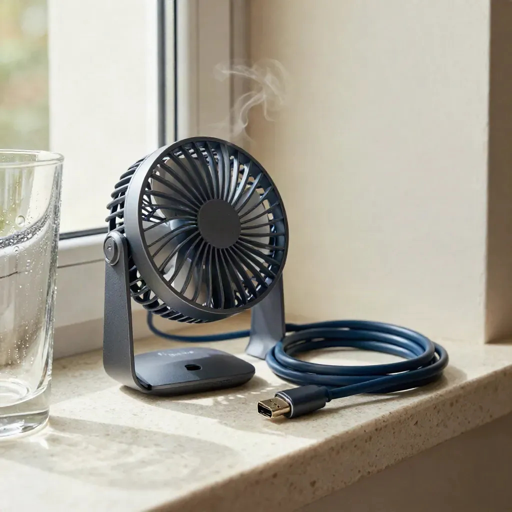 Mini ventilatore USB grafite con cavo arrotolato e bicchiere freddo su travertino chiaro