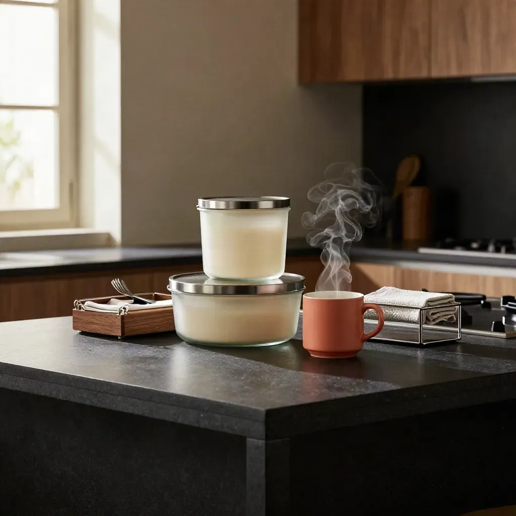 Set cucina e casa con contenitori, tazza corallo e organizer su piano nero, luce cinematica.