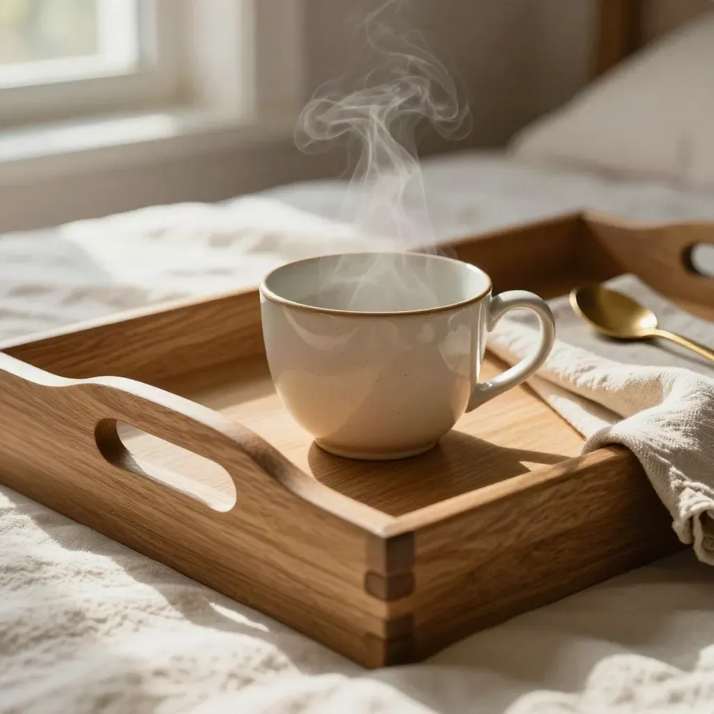 Vassoio in legno per colazione con tazza in ceramica e tovagliolo di lino, luce mattutina soffusa.